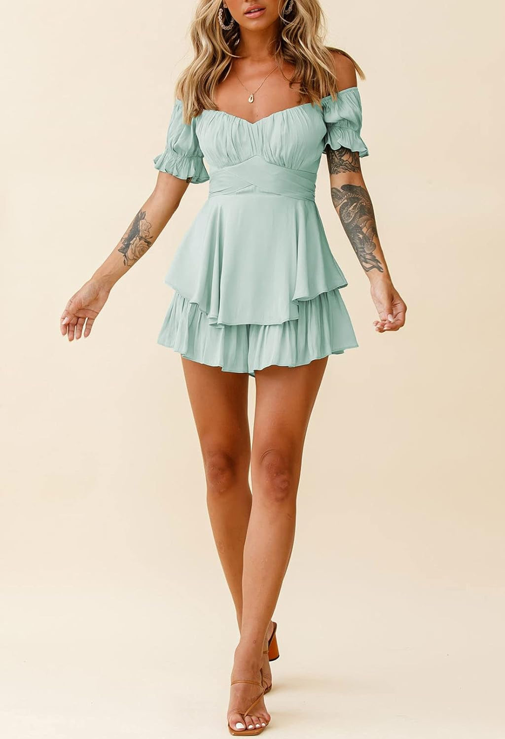Women Boho Romper off Shoulder Ruffle Chiffon Shorts Jumpsuit Playsuits