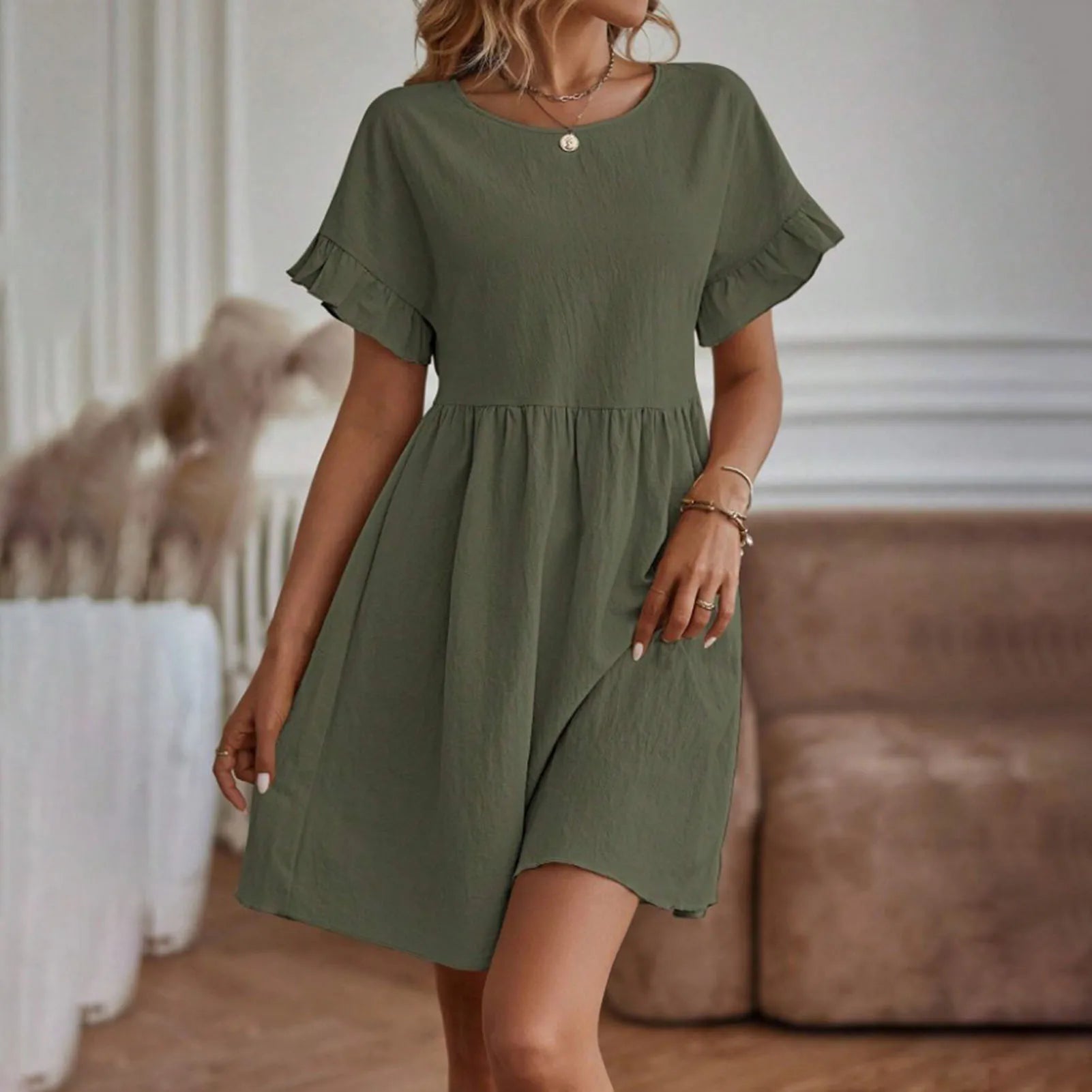 Solid Color Casual Loose Short Dresses for Women 2024 Fashion Summer Women'S A-Line Midi Dress Elegant Vintage Female Dresses