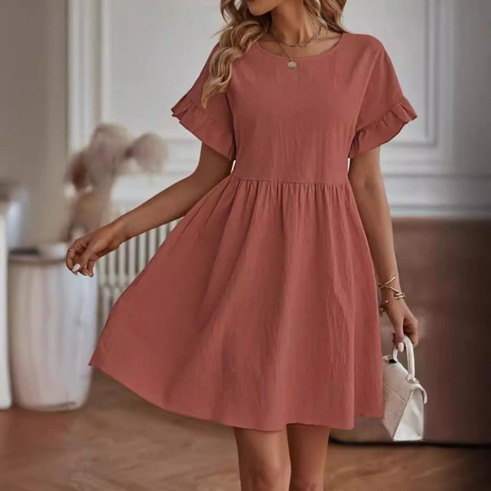 Solid Color Casual Loose Short Dresses for Women 2024 Fashion Summer Women'S A-Line Midi Dress Elegant Vintage Female Dresses