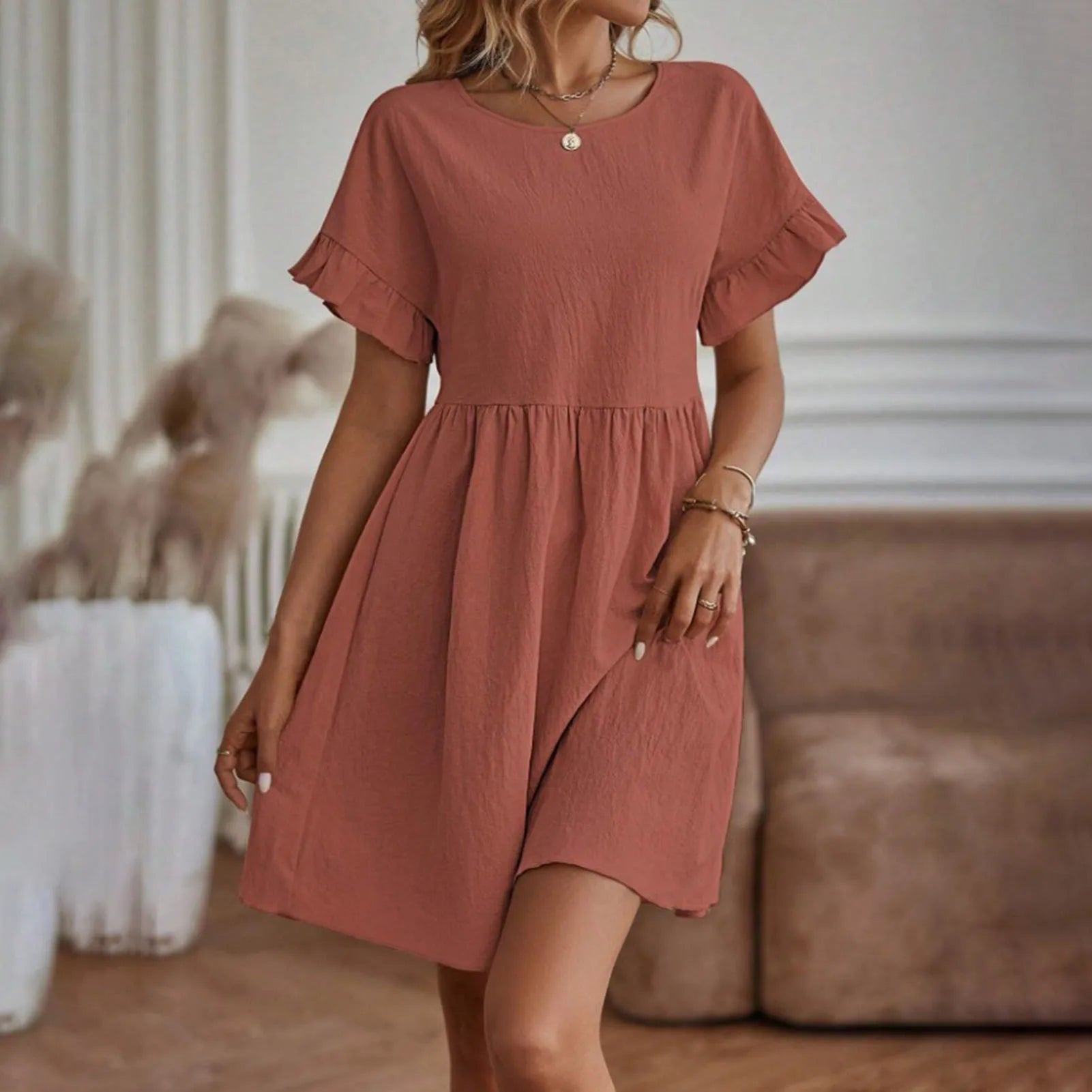 Solid Color Casual Loose Short Dresses for Women 2024 Fashion Summer Women'S A-Line Midi Dress Elegant Vintage Female Dresses
