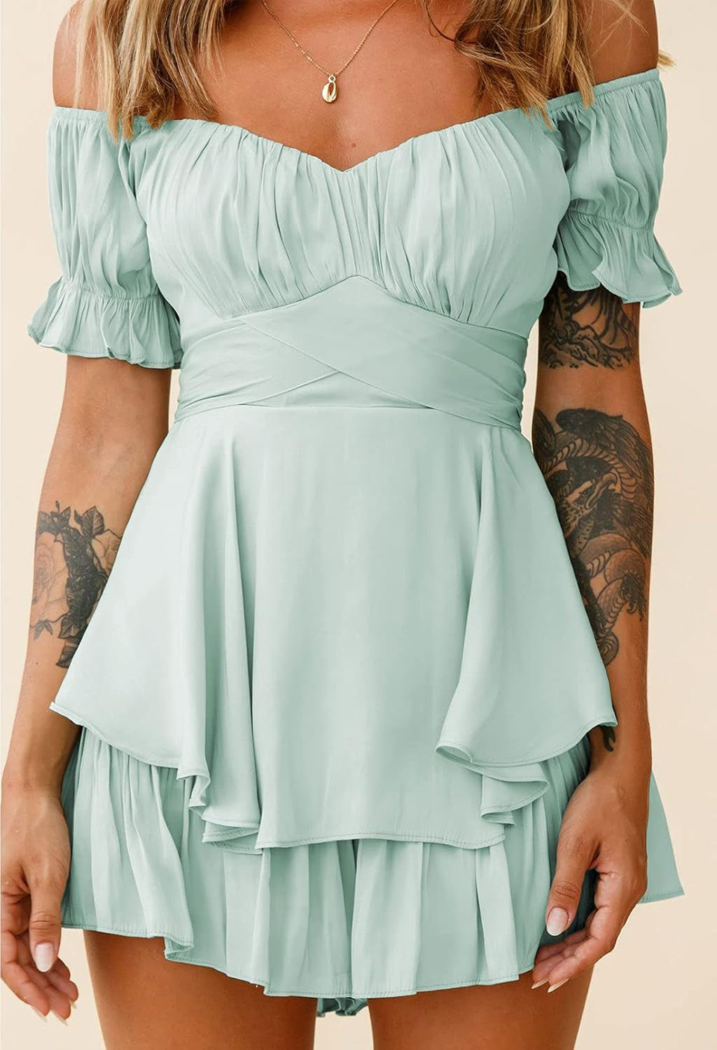 Women Boho Romper off Shoulder Ruffle Chiffon Shorts Jumpsuit Playsuits